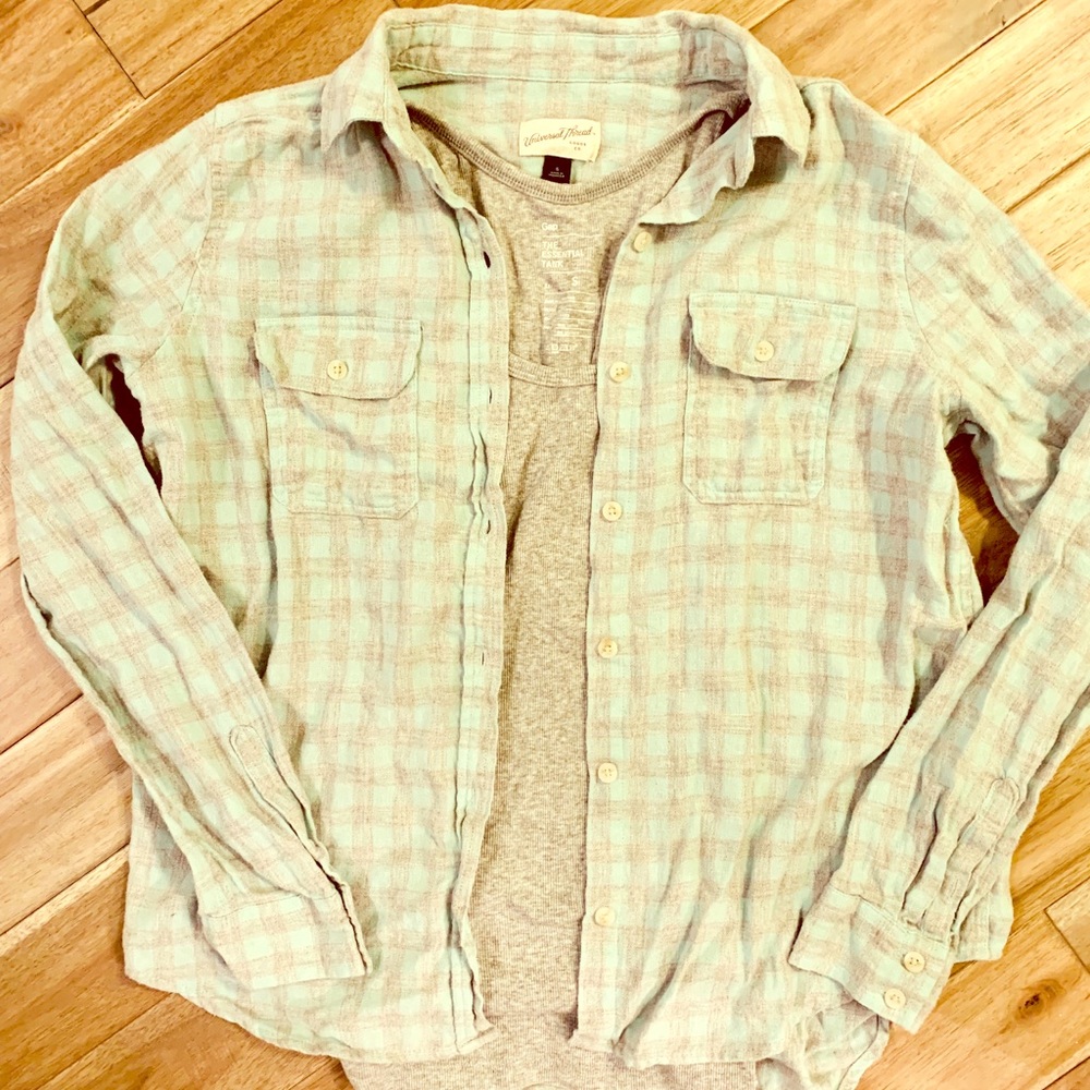 Mint green and gray button up flannel